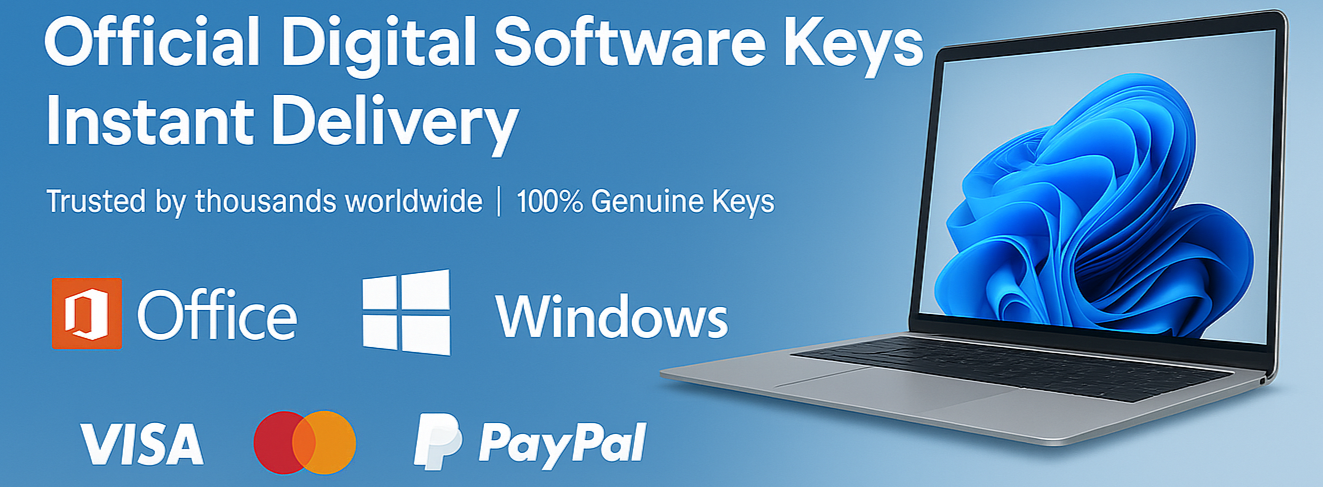Advertisement for digital software keys with a laptop and payment options on a blue background