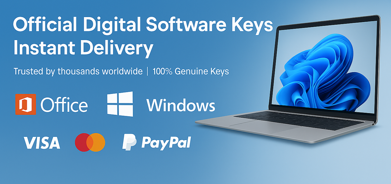 Advertisement for digital software keys with a laptop and payment options on a blue background
